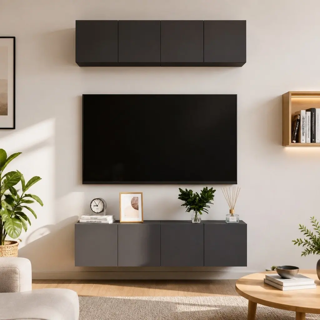 TV Cabinet Set High Gloss Grey Wall Mounted 4 Pieces Engineered Wood