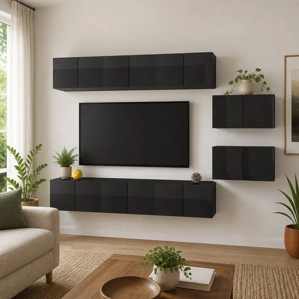 TV Cabinet Set Wall Mounted Grey Storage Unit 8 Piece