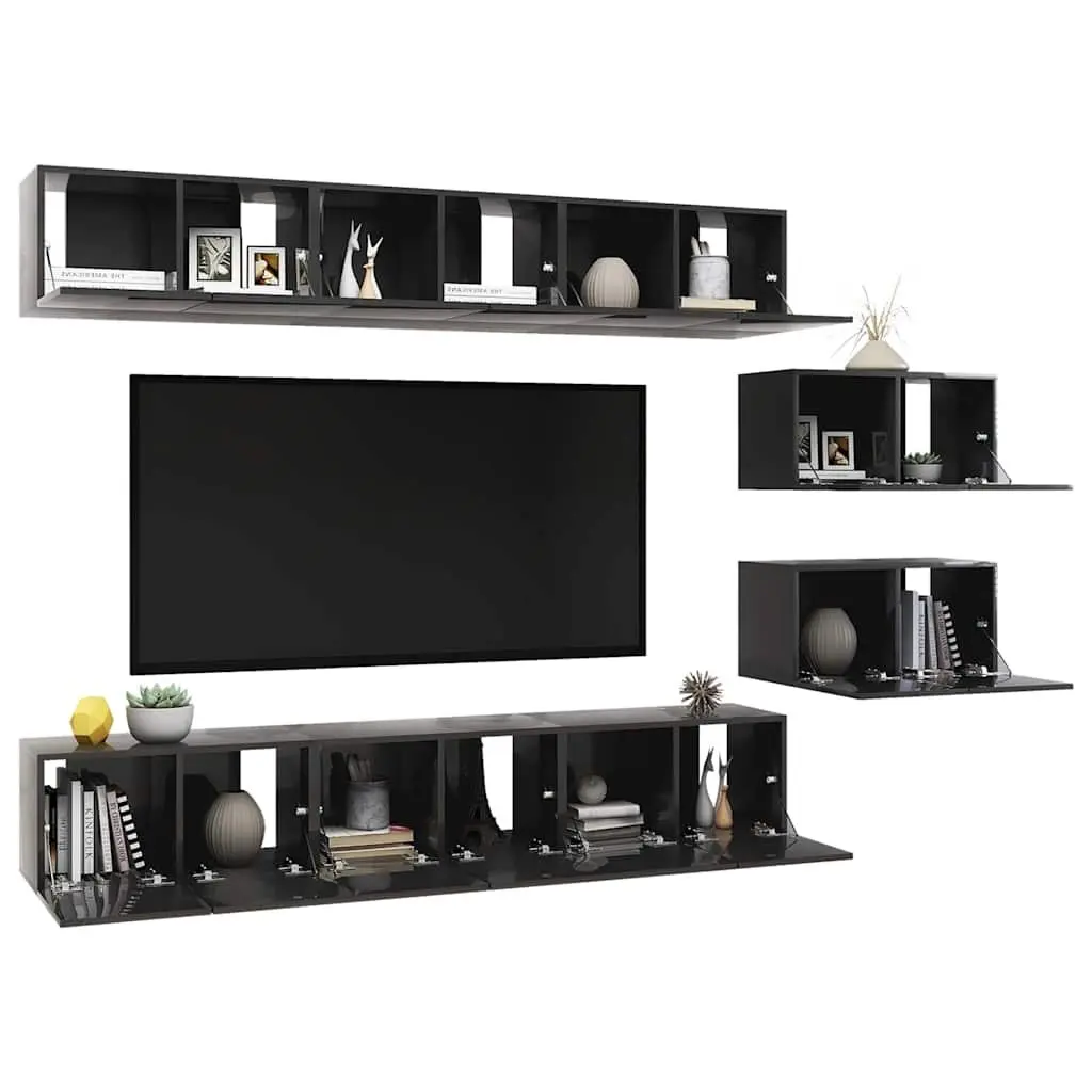 TV Cabinet Set Wall Mounted Grey Storage Unit 8 Piece