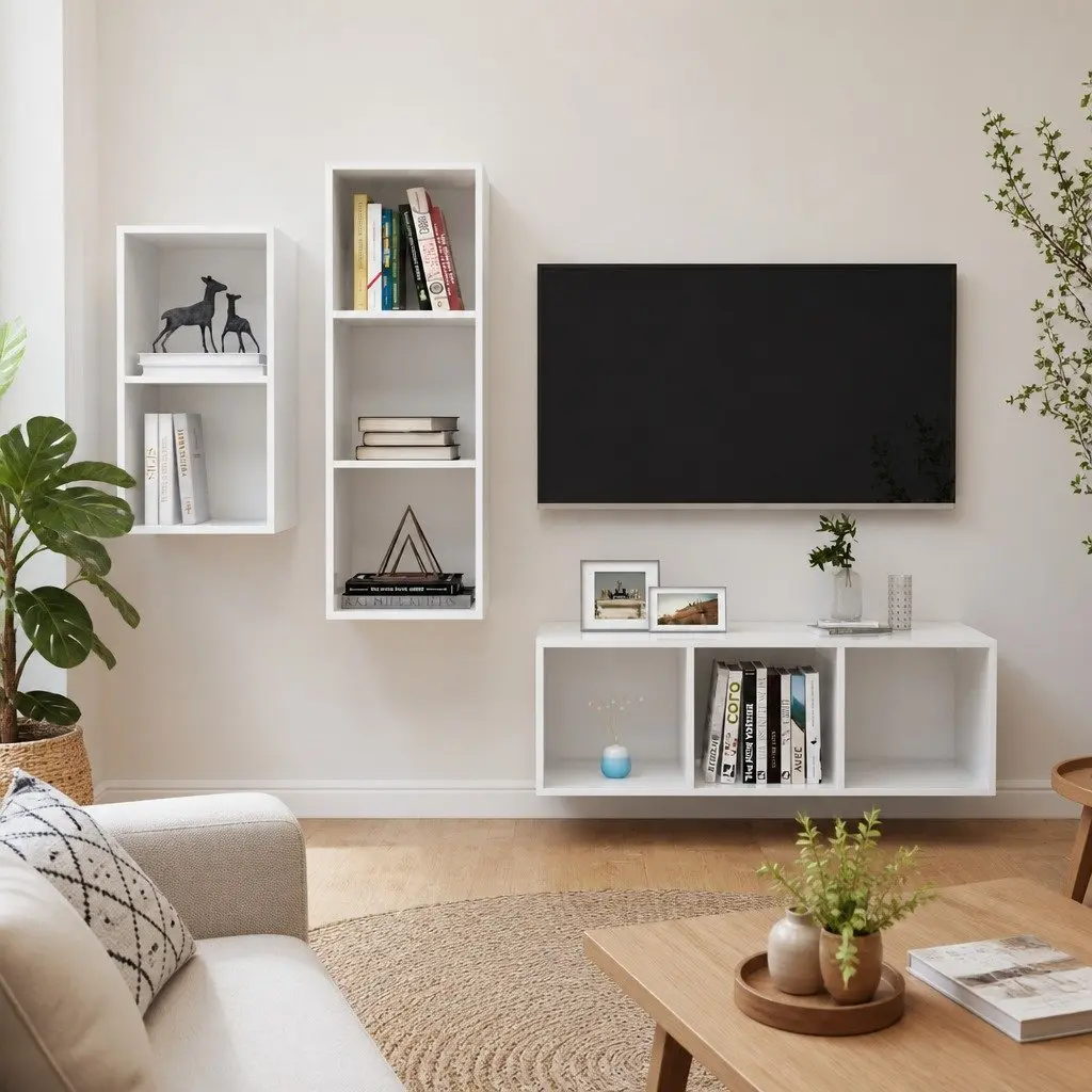 3 Piece Wall Mounted TV Cabinet Set High Gloss White