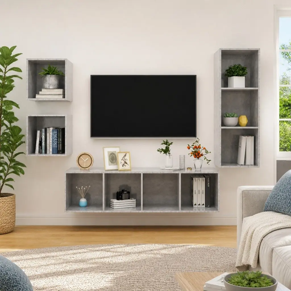 4 Piece Wall Mounted TV Cabinet Set Grey Engineered Wood Unit