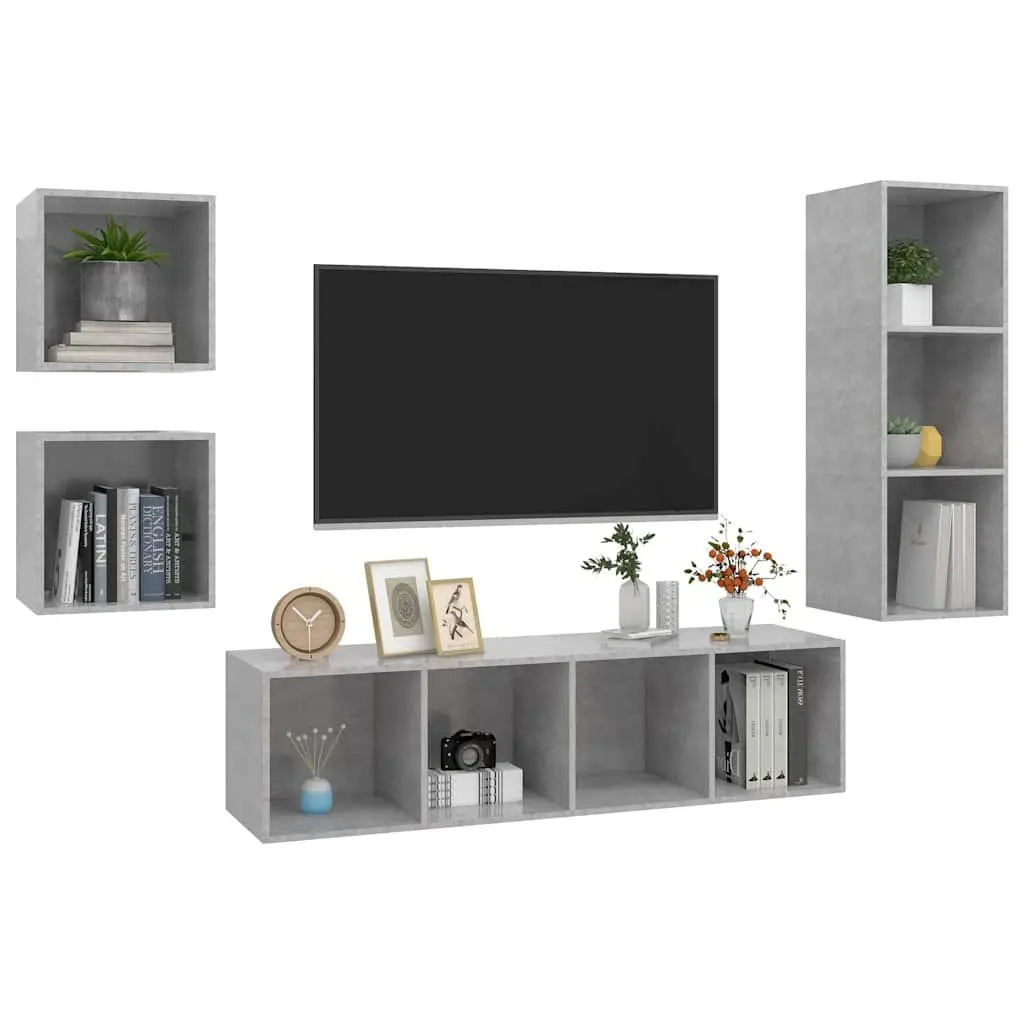 4 Piece Wall Mounted TV Cabinet Set Grey Engineered Wood Unit