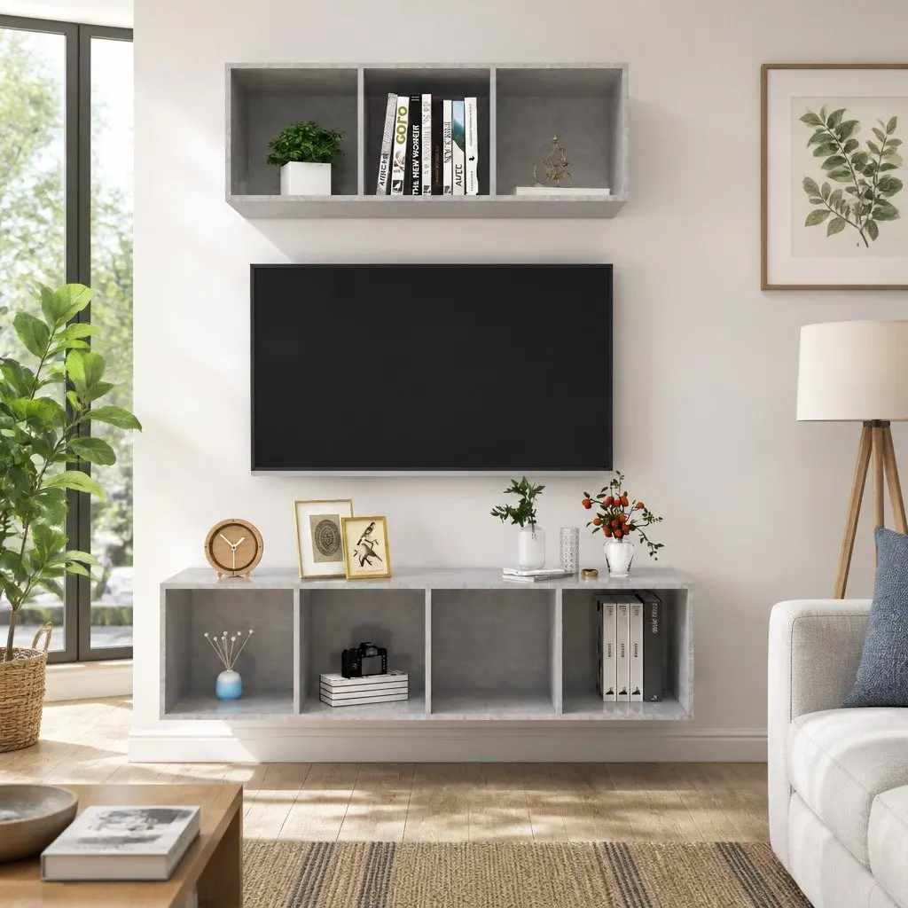 Wall-Mounted TV Cabinet Set Grey Engineered Wood Floating Shelf 2 Piece