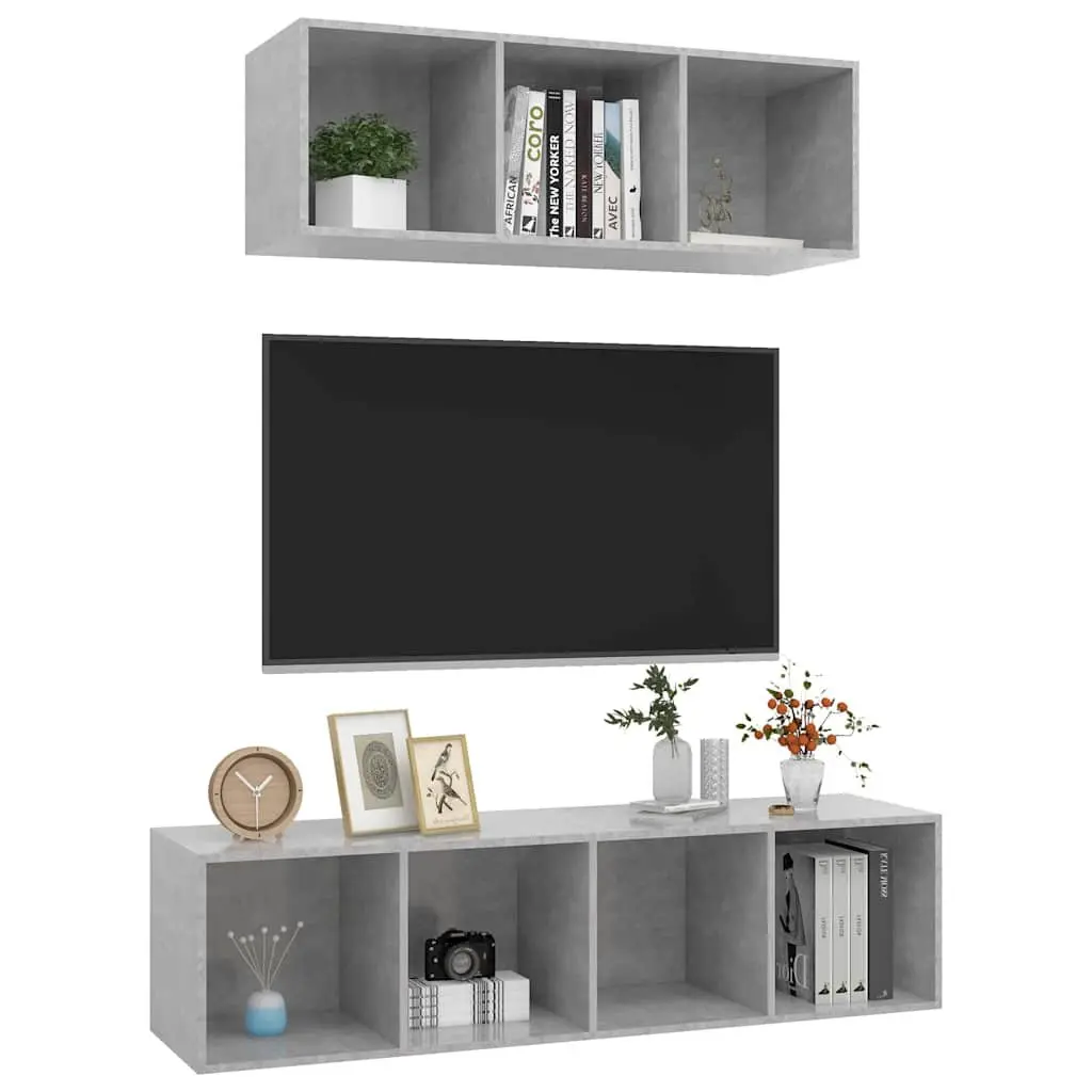 Wall-Mounted TV Cabinet Set Grey Engineered Wood Floating Shelf 2 Piece