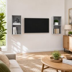 Wall-mounted TV Cabinet Set 2 pcs Grey Storage Shelves Display Unit Organiser