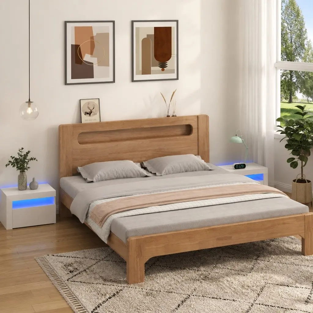 Nightstand Set 2 Piece White with RGB LED Lighting and Storage Space