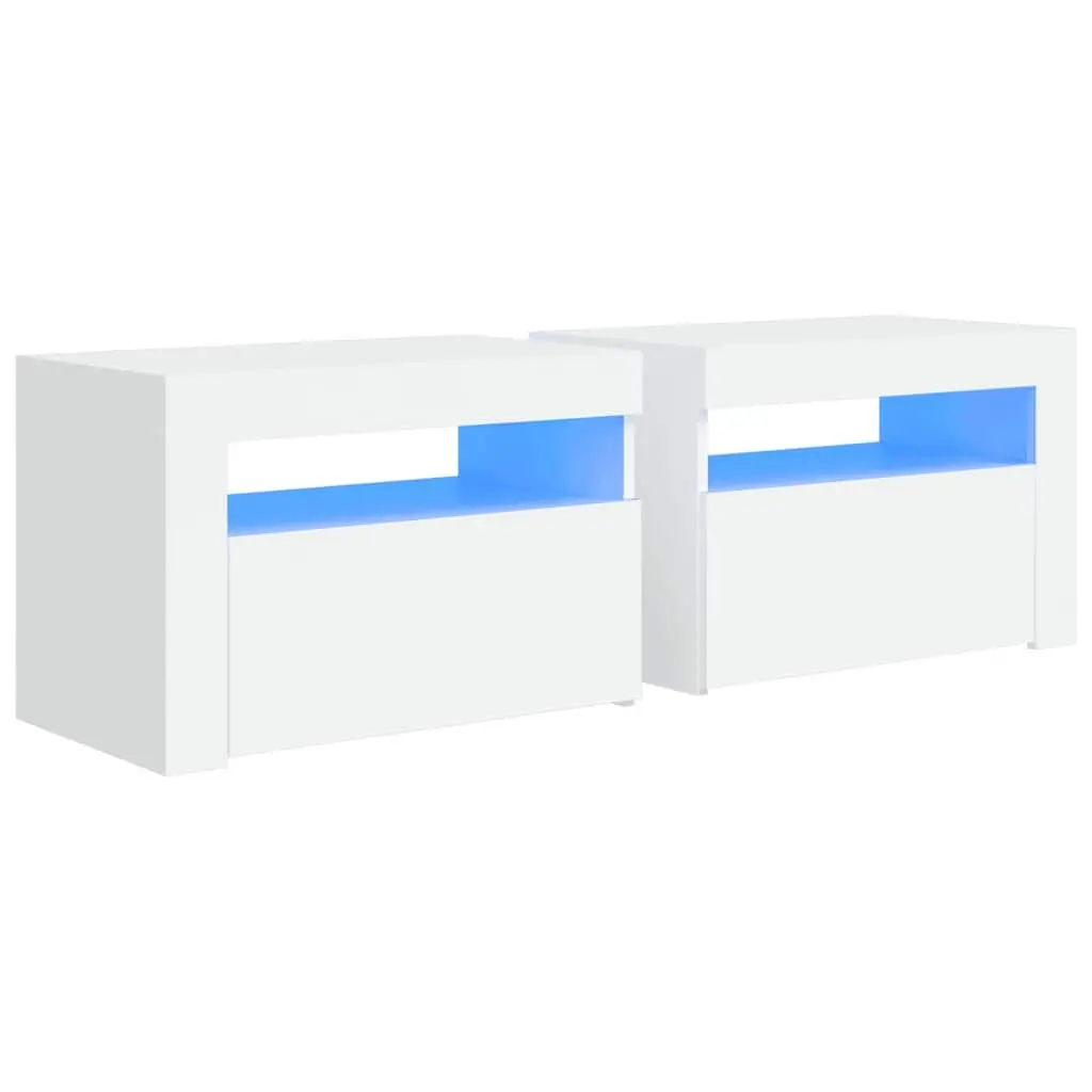 Nightstand Set 2 Piece White with RGB LED Lighting and Storage Space