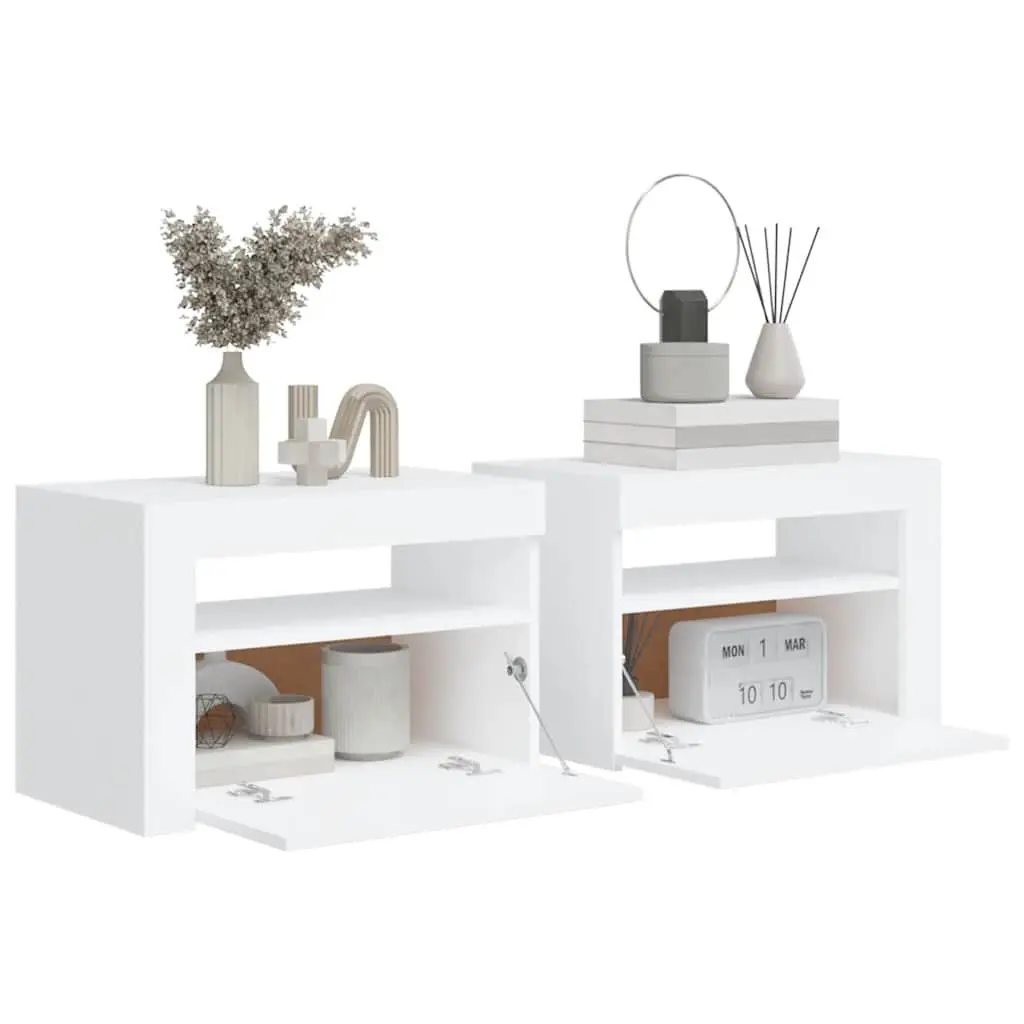 Nightstand Set 2 Piece White with RGB LED Lighting and Storage Space