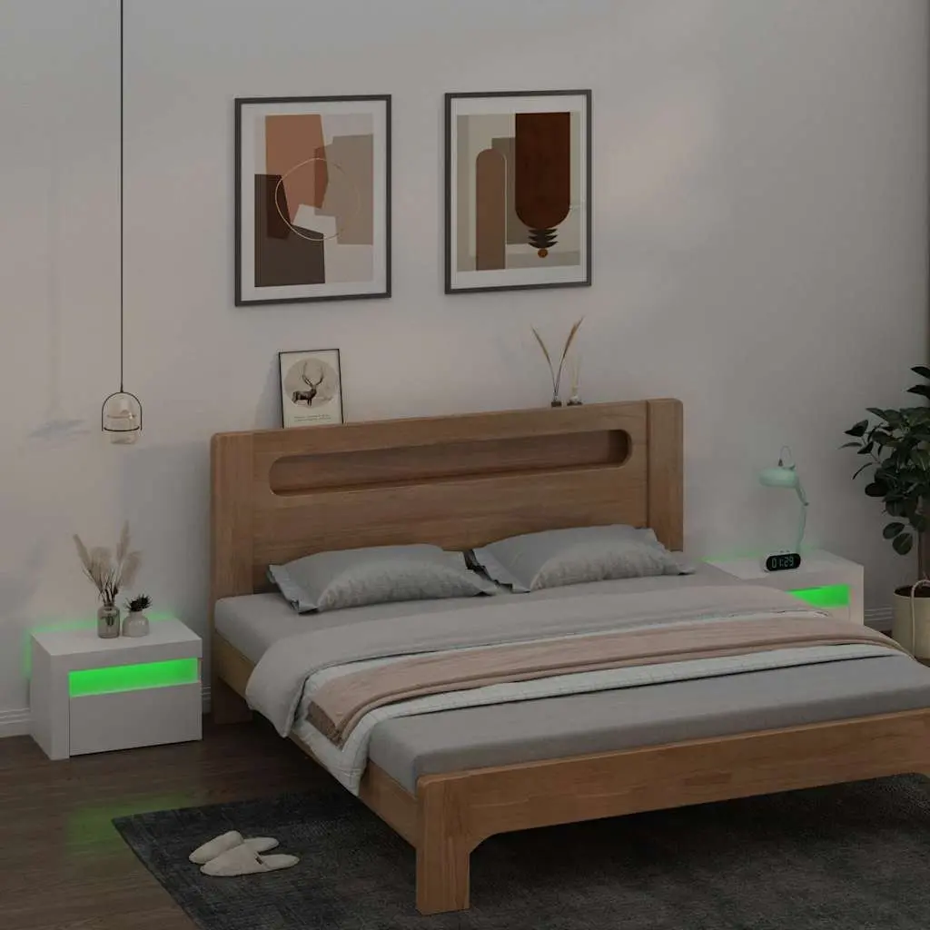 Nightstand Set 2 Piece White with RGB LED Lighting and Storage Space