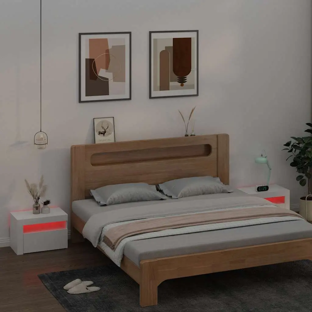 Nightstand Set 2 Piece White with RGB LED Lighting and Storage Space