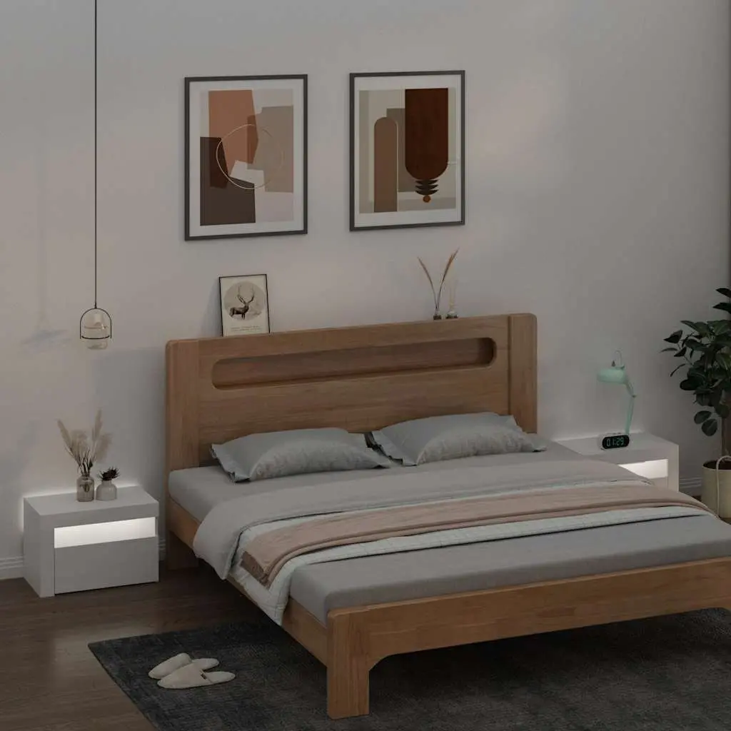 Nightstand Set 2 Piece White with RGB LED Lighting and Storage Space