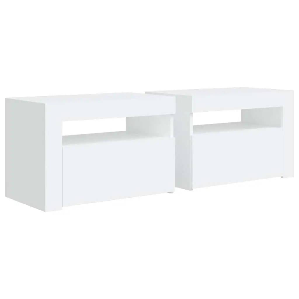 Nightstand Set 2 Piece White with RGB LED Lighting and Storage Space
