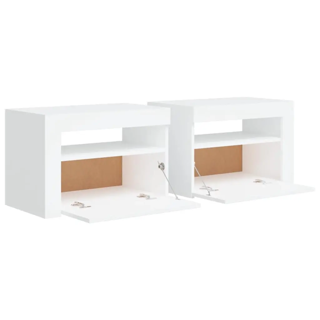 Nightstand Set 2 Piece White with RGB LED Lighting and Storage Space