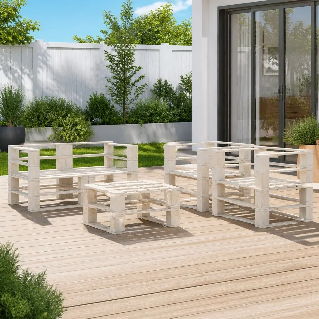 5 Piece Garden Pallet Lounge Set White Wooden Sofa Coffee Table