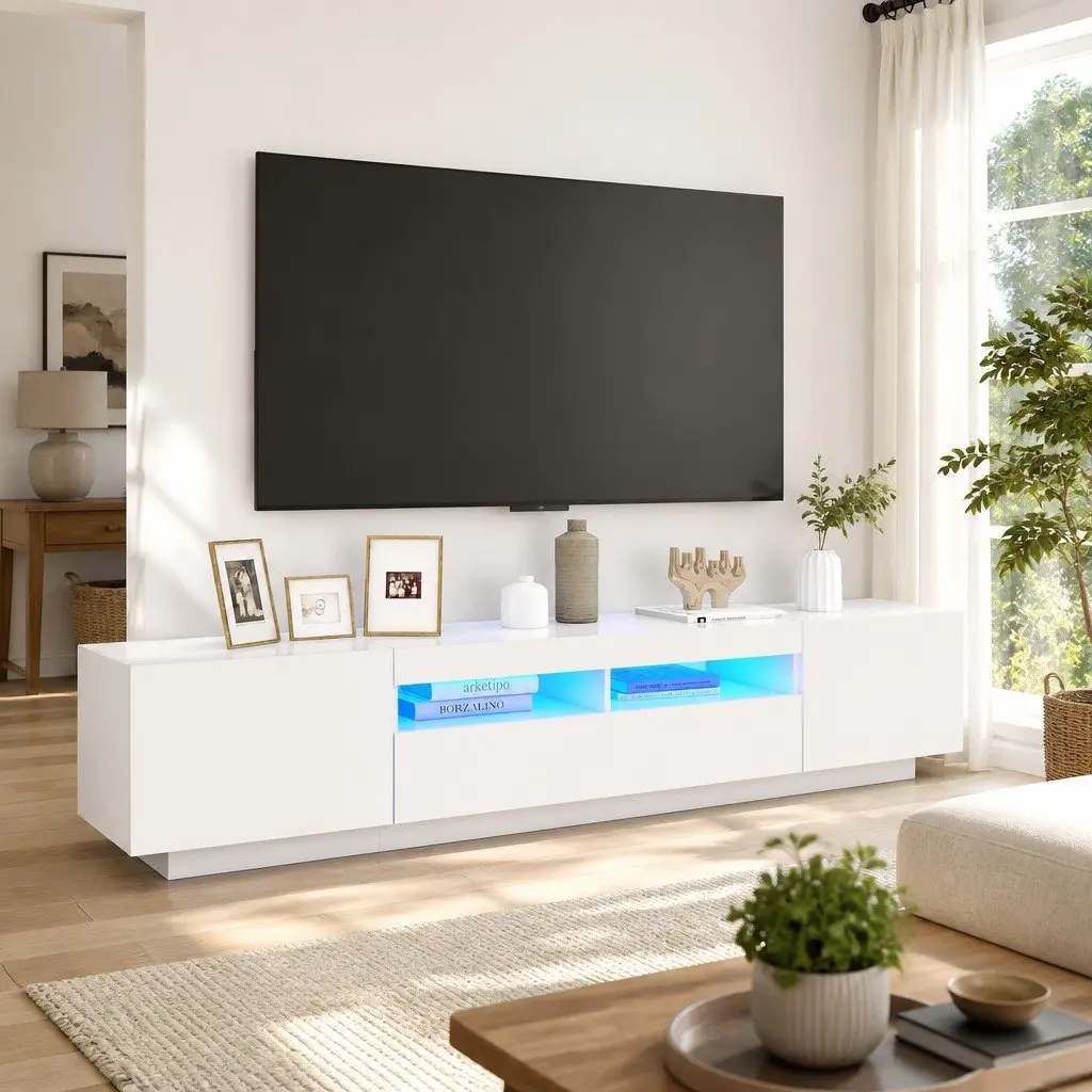 TV Cabinet RGB LED Lights White Modern Storage Unit 200x35x40 cm