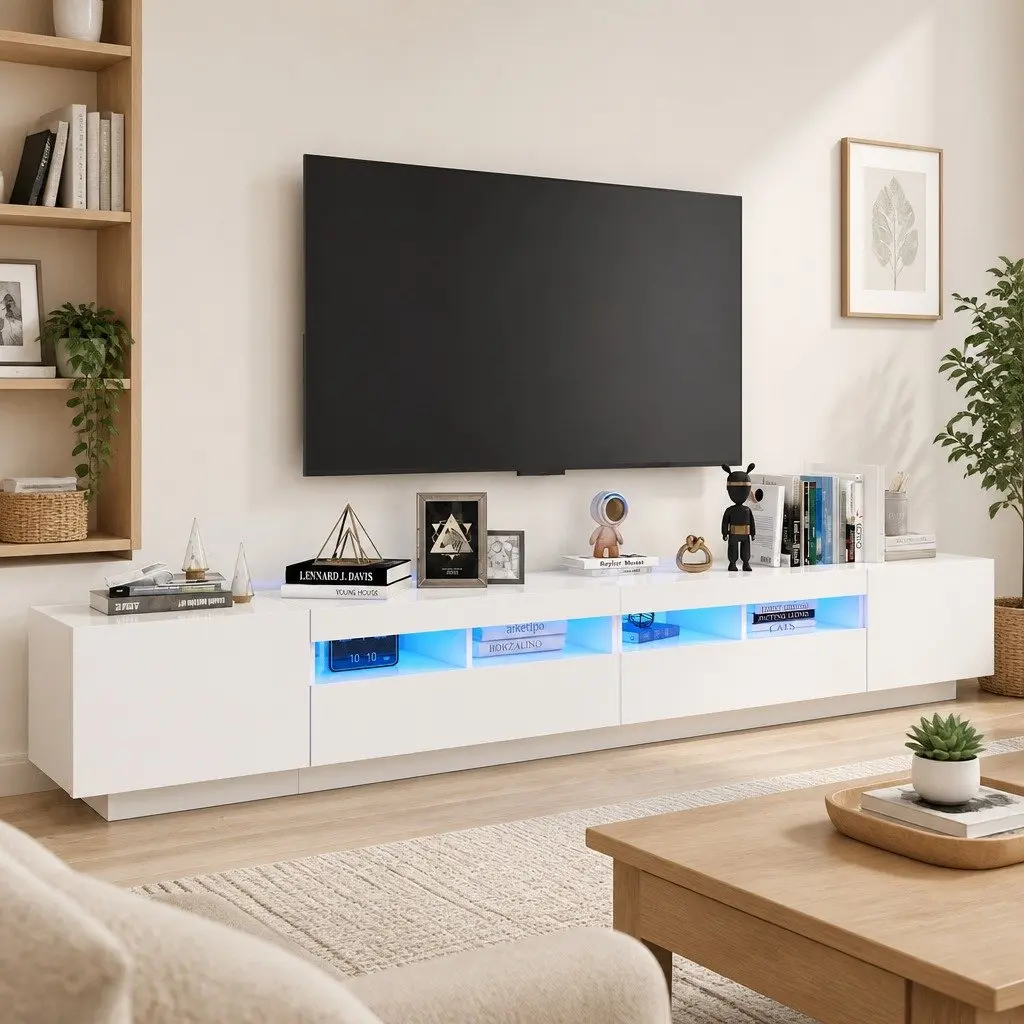 Media Storage Unit Modern White TV Cabinet with LED Lights 260x35x40cm