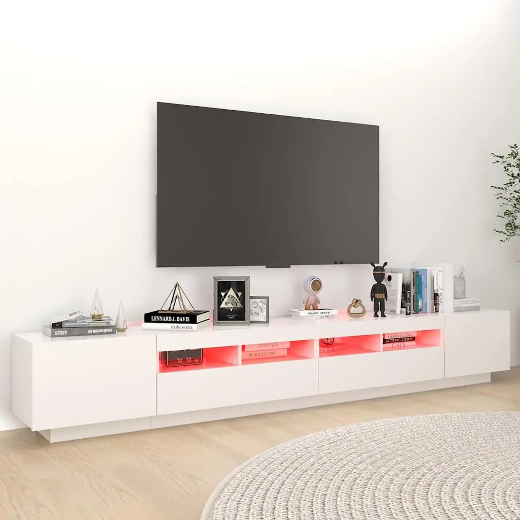 Media Storage Unit Modern White TV Cabinet with LED Lights 260x35x40cm