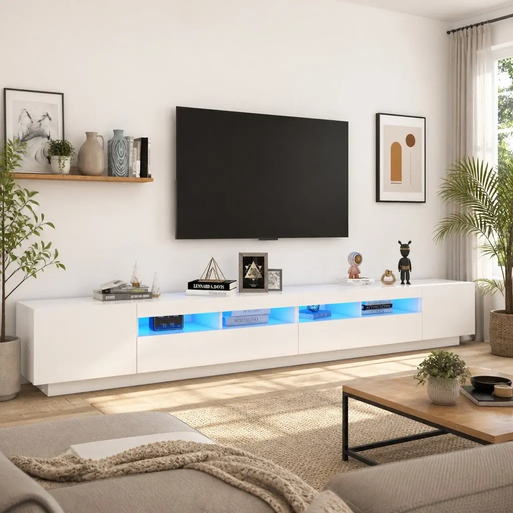 TV Cabinet White 300cm LED Lights Media Storage Unit Organiser Stand