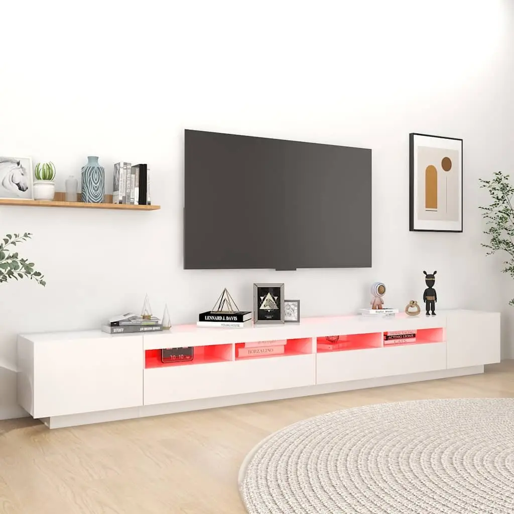 TV Cabinet White 300cm LED Lights Media Storage Unit Organiser Stand