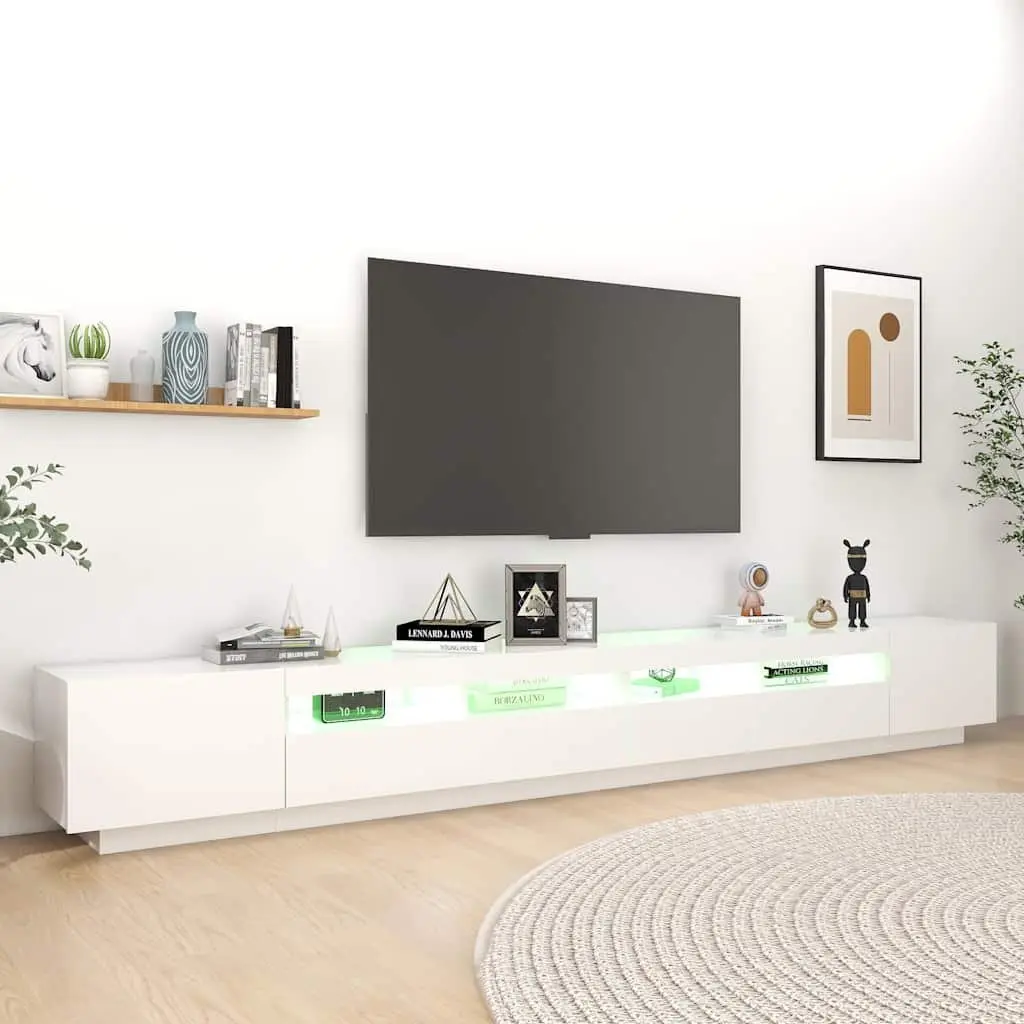 TV Cabinet White 300cm LED Lights Media Storage Unit Organiser Stand