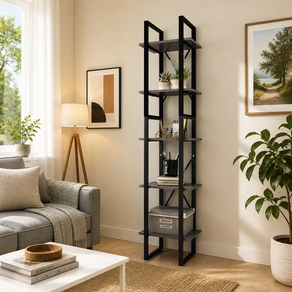 5 Shelf Storage Unit Metal Frame Grey Pinewood Bookshelf 175cm Height 40x30cm Size