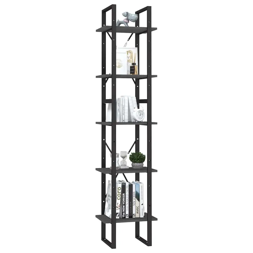 5 Shelf Storage Unit Metal Frame Grey Pinewood Bookshelf 175cm Height 40x30cm Size