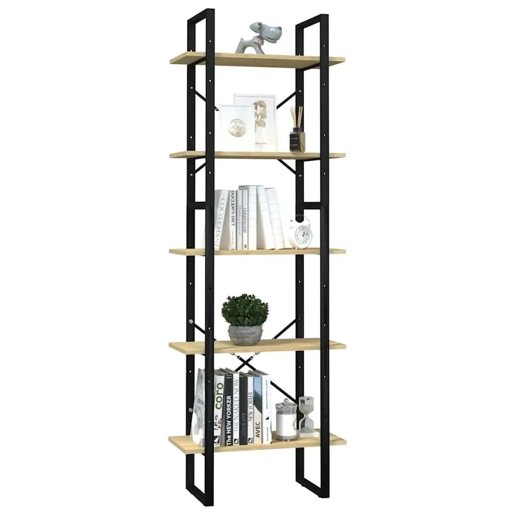 5-Tier Book Cabinet Wooden Shelving Unit 60x30x175 cm Brown Pinewood Metal Frame