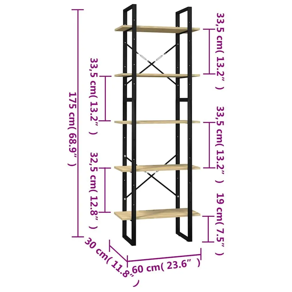 5-Tier Book Cabinet Wooden Shelving Unit 60x30x175 cm Brown Pinewood Metal Frame