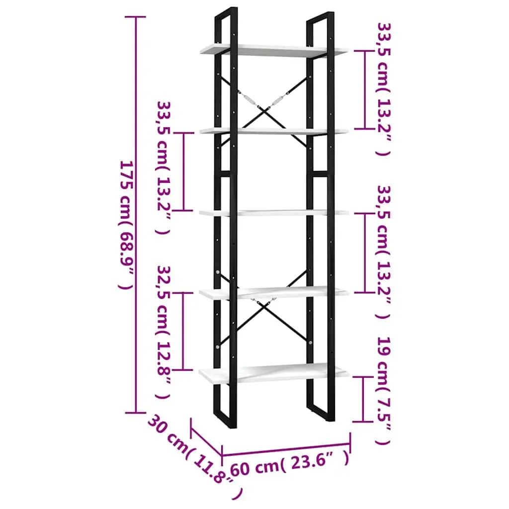 5-Tier Book Cabinet White Pinewood Storage Shelving Unit