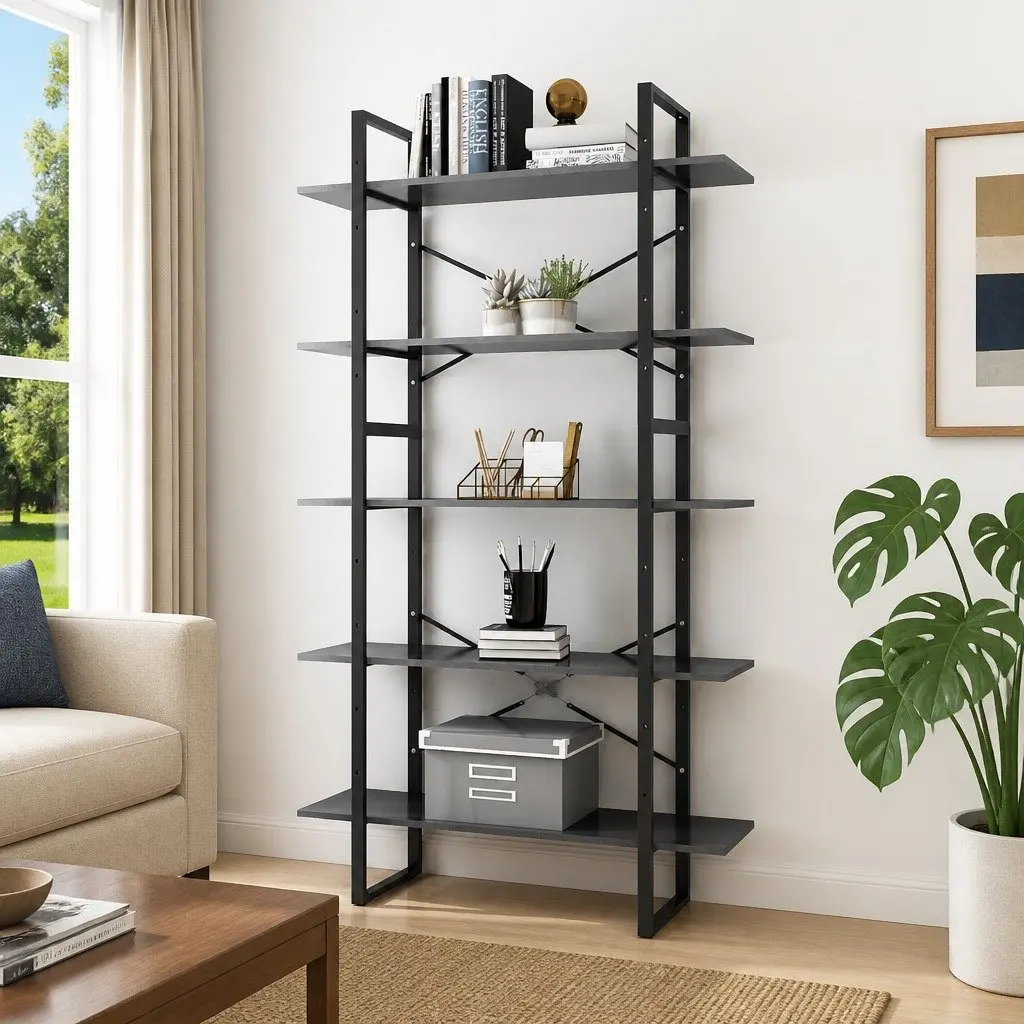 Bookcase Grey Engineered Wood 5 Shelf Modern Industrial Storage Display Unit
