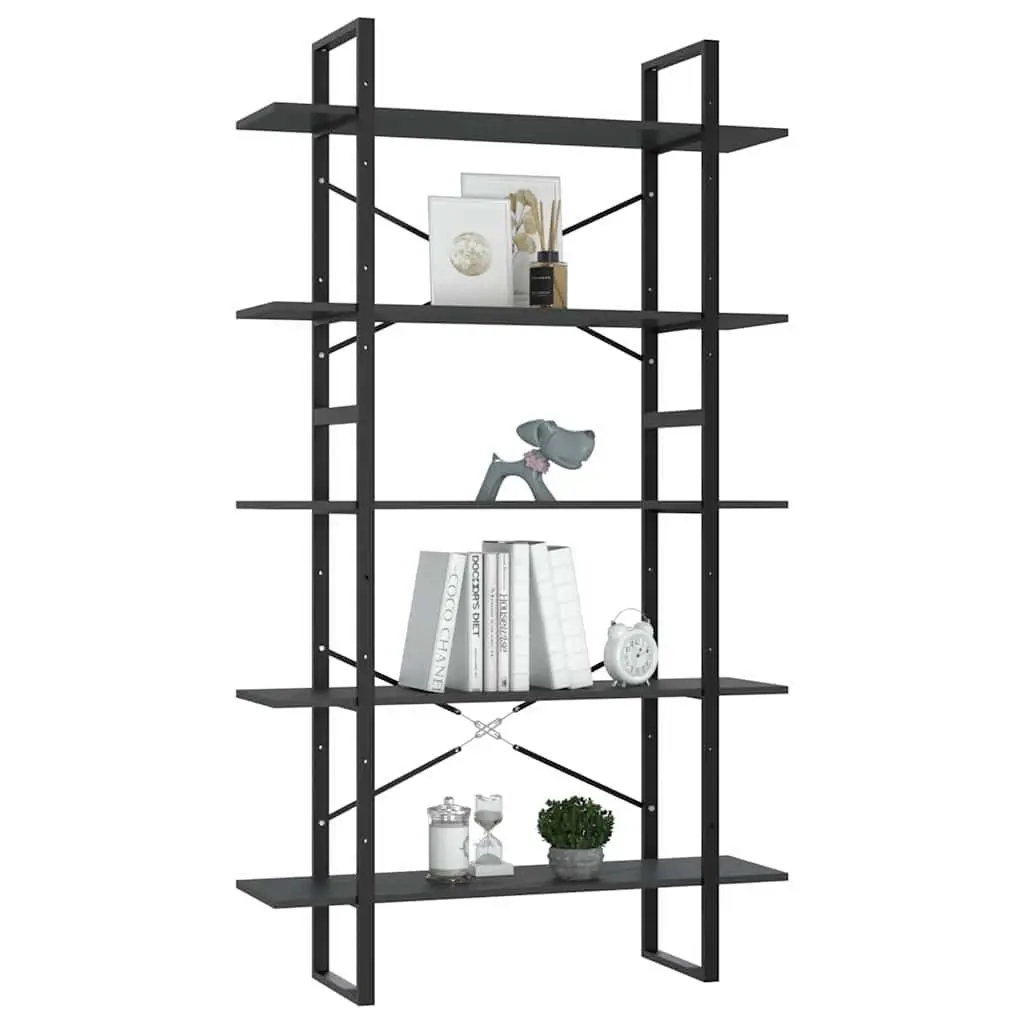 Bookcase Grey Engineered Wood 5 Shelf Modern Industrial Storage Display Unit