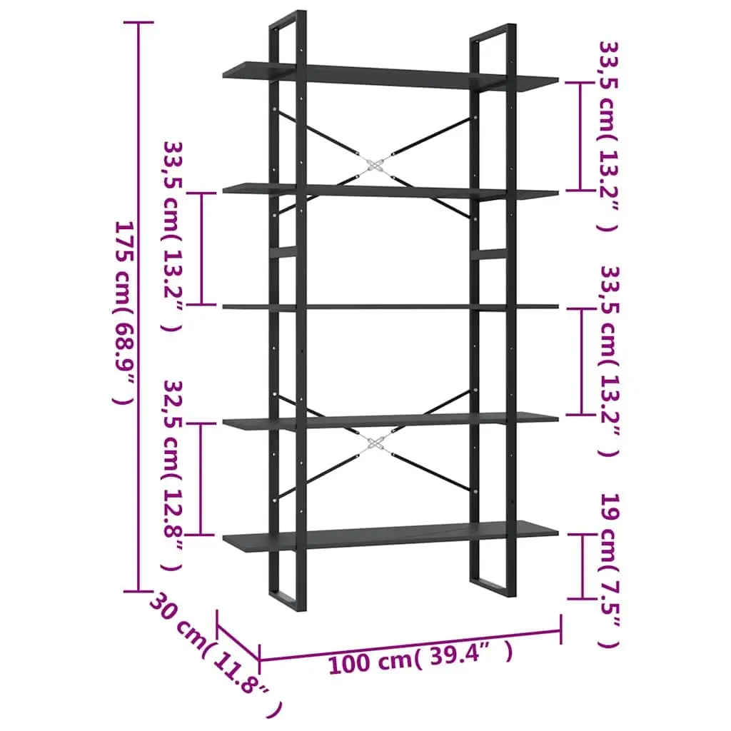Bookcase Grey Engineered Wood 5 Shelf Modern Industrial Storage Display Unit