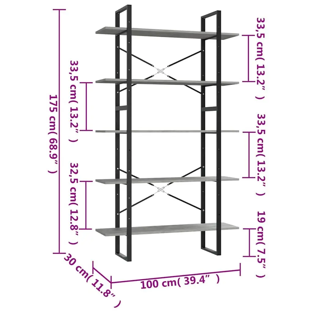 5-Tier Book Cabinet Grey Engineered Wood Shelving Unit Storage Bookcase