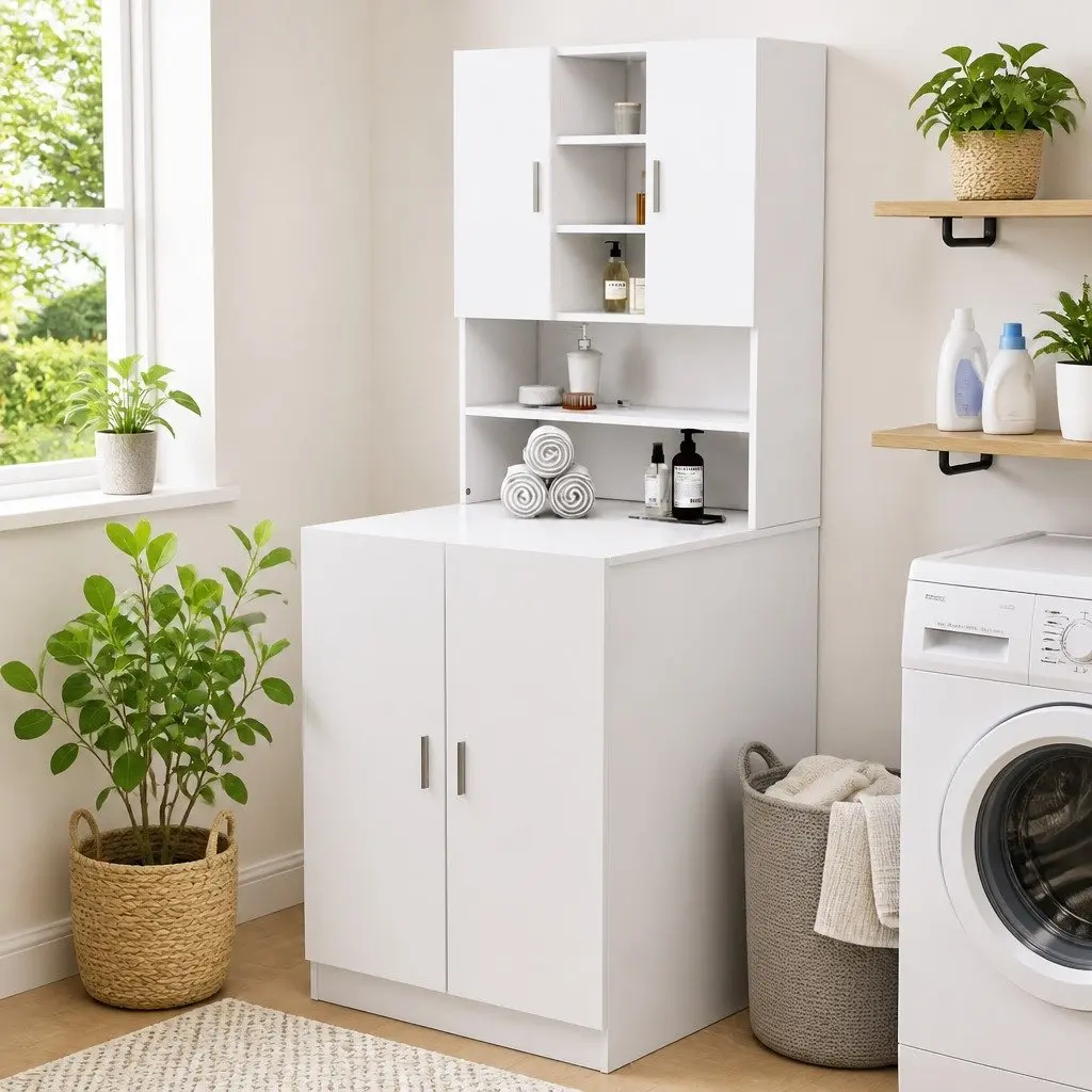 Washing Machine Cabinet White Storage Bathroom Laundry Room Cupboard Organizer