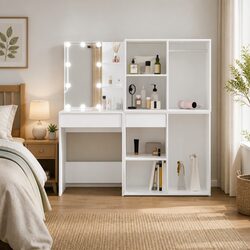 LED Dressing Table with 2 Storage Cabinets White Bedroom Vanity Mirror Makeup
