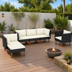 Garden Lounge Set 6 Piece Outdoor Furniture Black PE Rattan Eucalyptus Wood