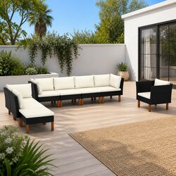 Garden Lounge Set 8 Piece Outdoor Sofa Black Poly Rattan Eucalyptus Wood Patio