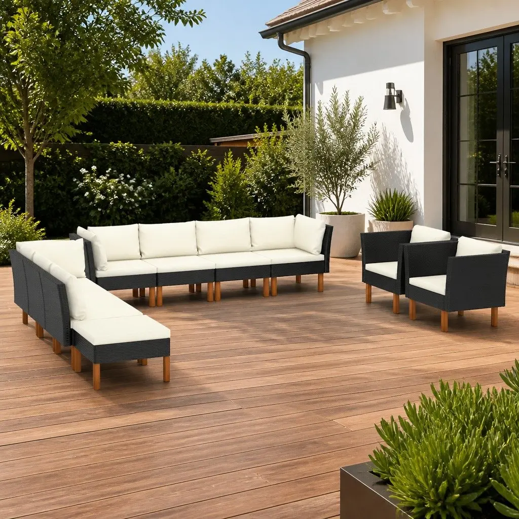 Garden Lounge Set 10 Piece Outdoor Furniture Poly Rattan Eucalyptus Wood Black