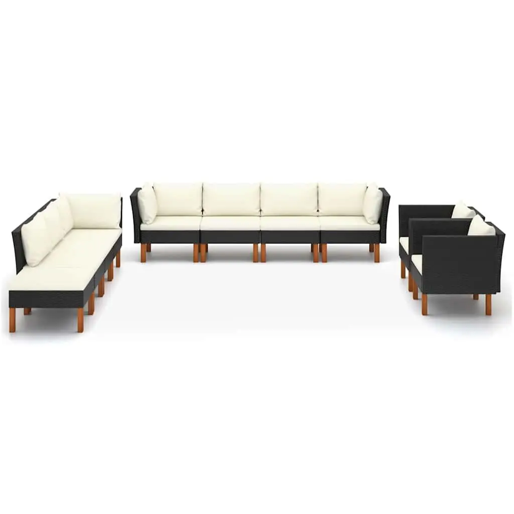 Garden Lounge Set 10 Piece Outdoor Furniture Poly Rattan Eucalyptus Wood Black