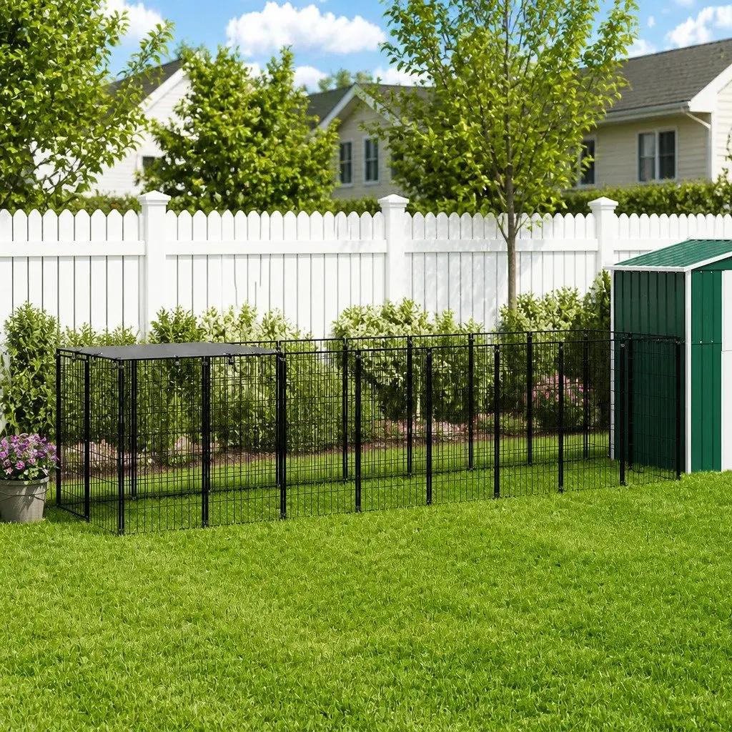 Dog Kennel Outdoor Steel Wire Mesh Enclosure Black Large