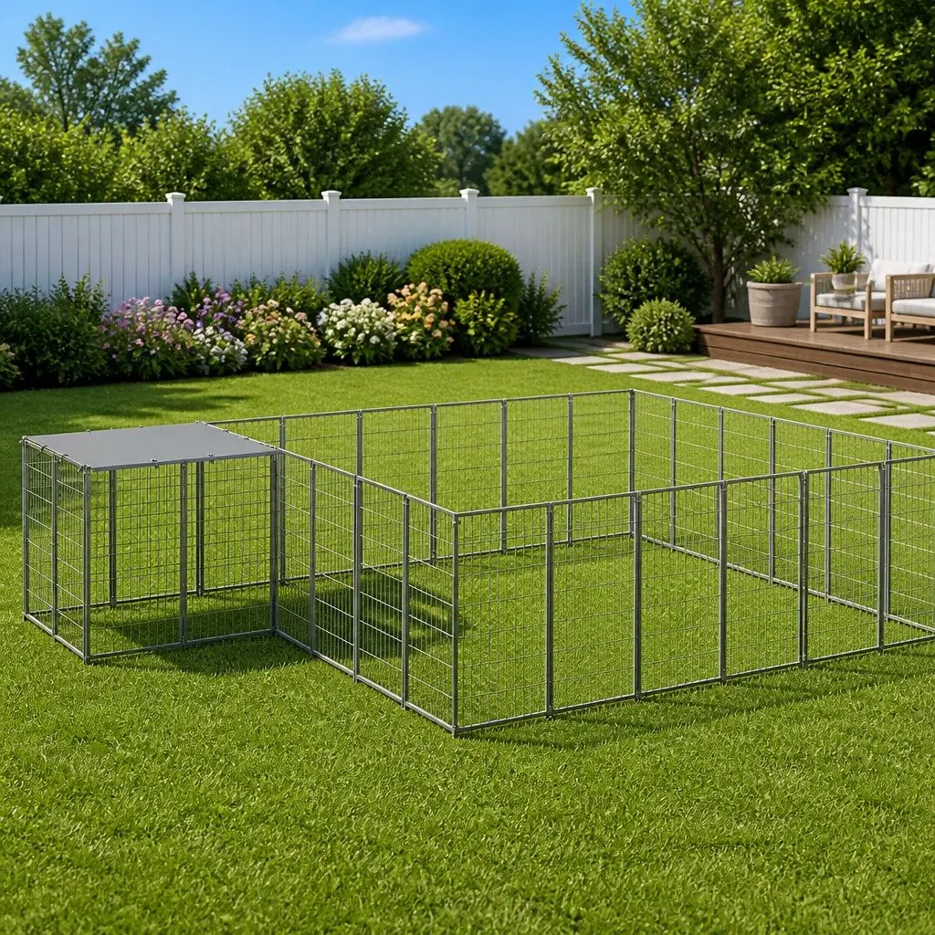 Dog Kennel Steel Wire Mesh Outdoor Run Enclosure Large Pet Cage Silver