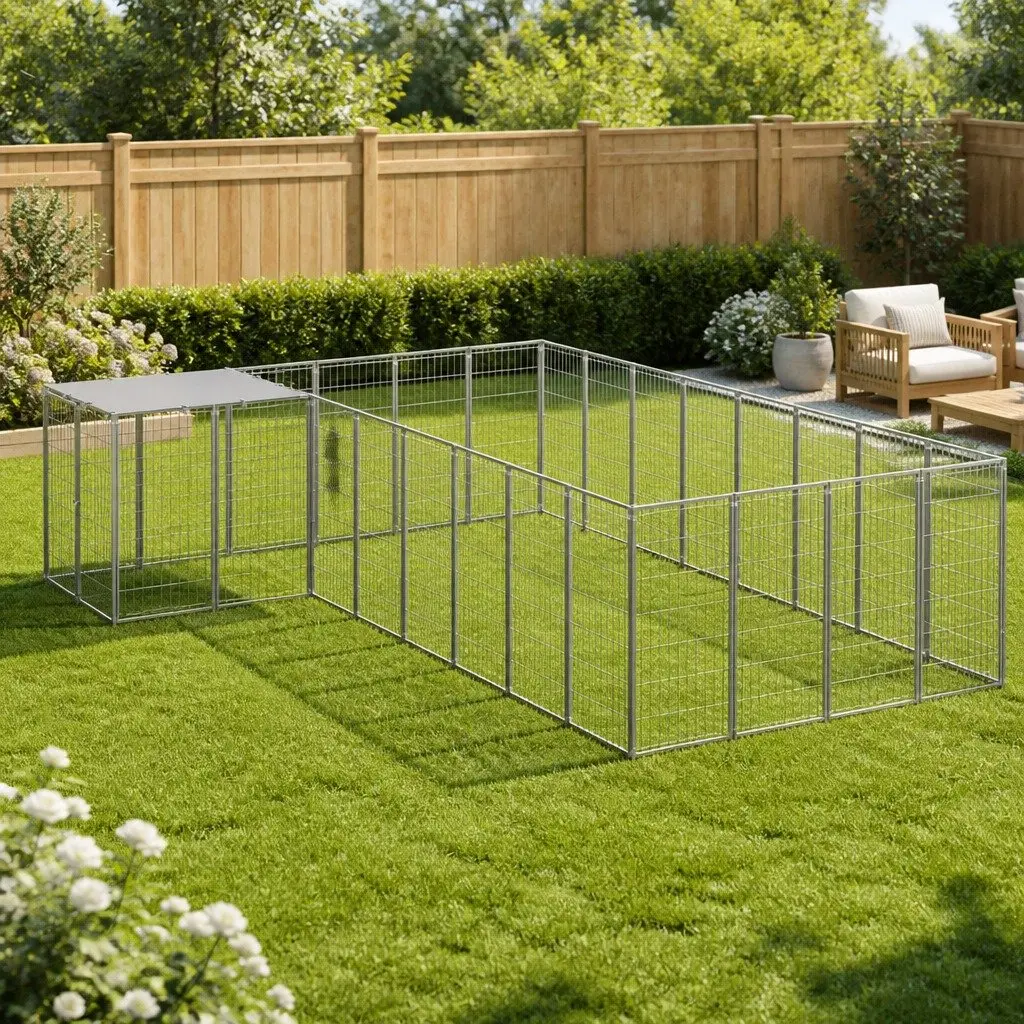 Dog Kennel Silver Outdoor Pet Enclosure 10.89 m² Steel Wire Mesh Cage Run