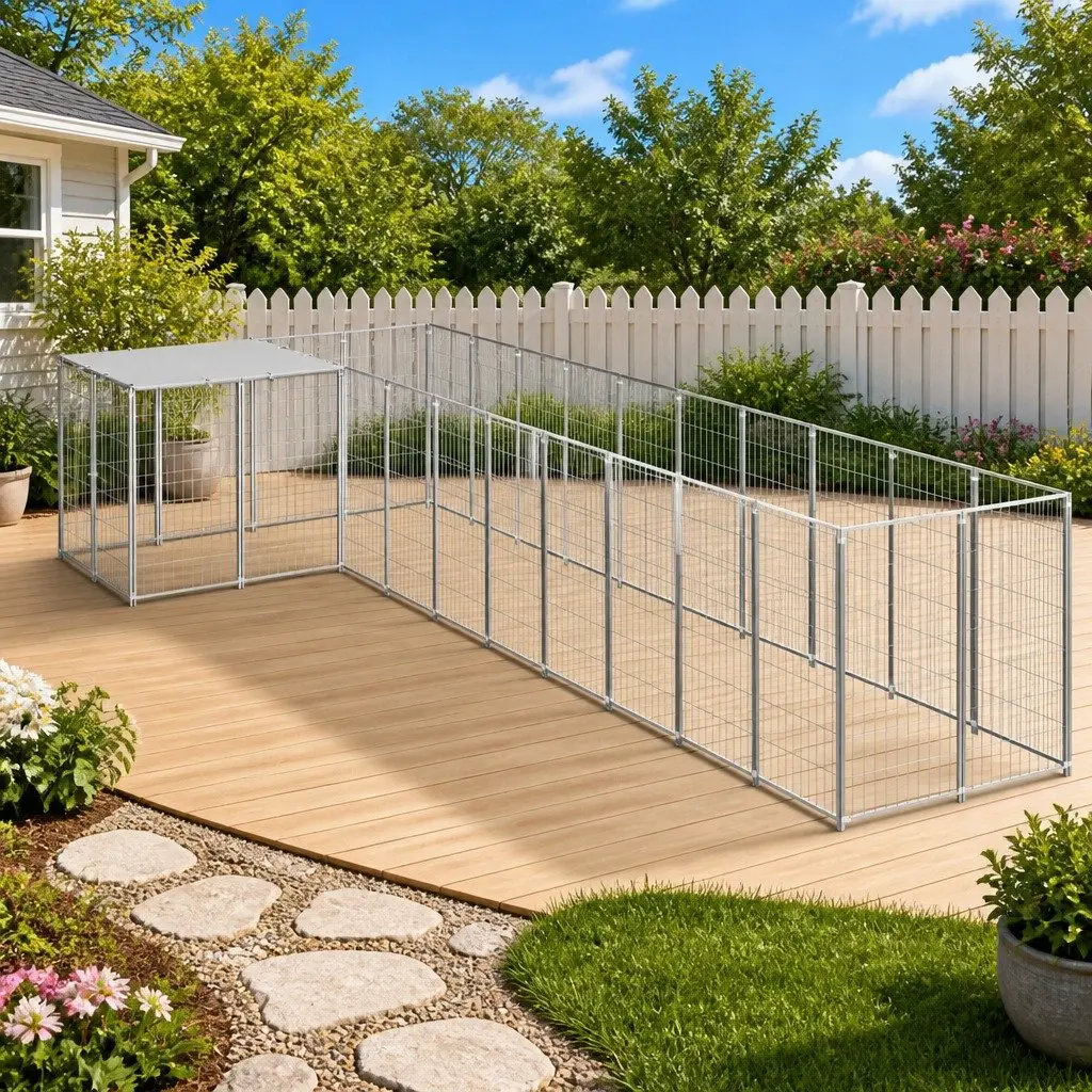 Dog Kennel Outdoor Steel Wire Mesh Pet Run Enclosure Large Exercise Space Silver