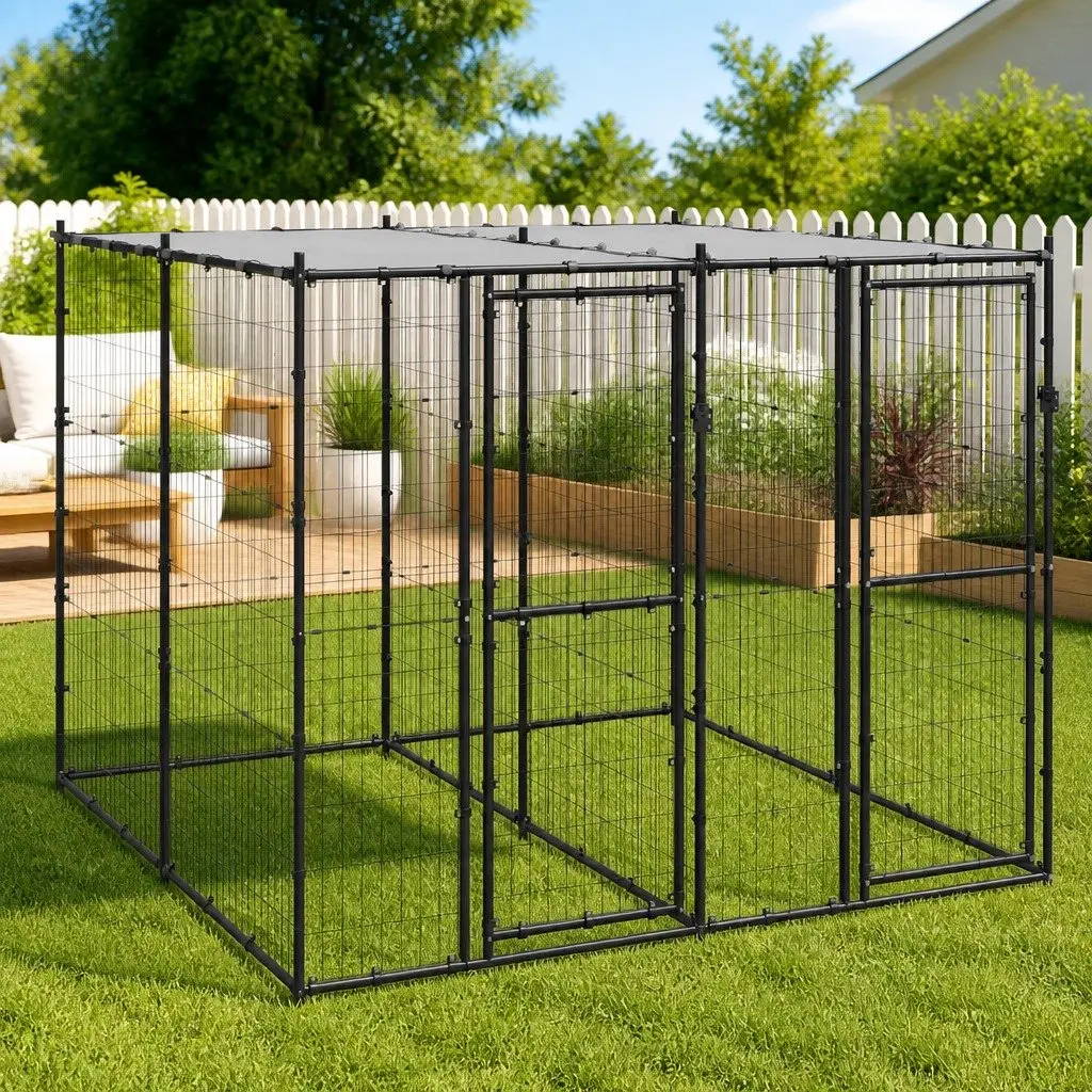 Dog Kennel Steel Outdoor with Roof Mesh Enclosure Lockable Door