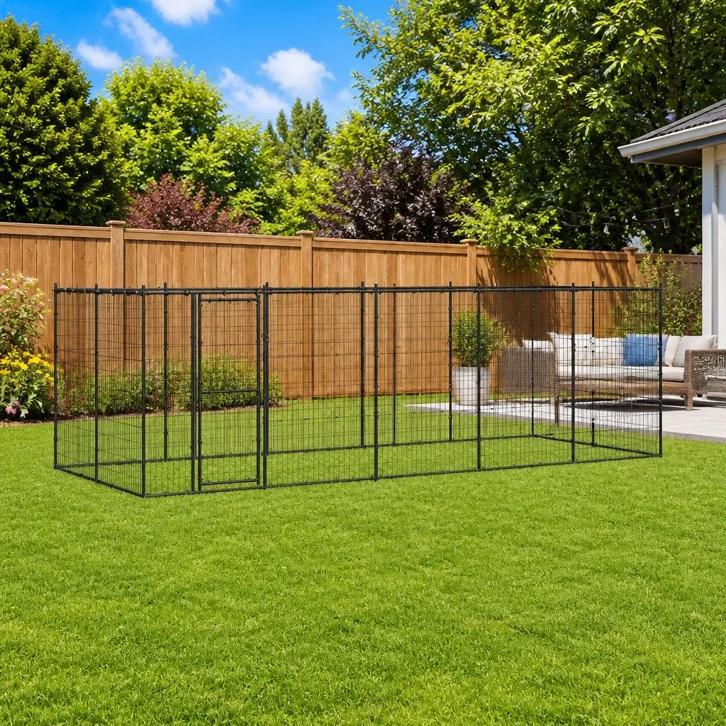 Dog Kennel Outdoor Steel Cage Run Exercise Enclosure with Roof Canopy 12.1m²
