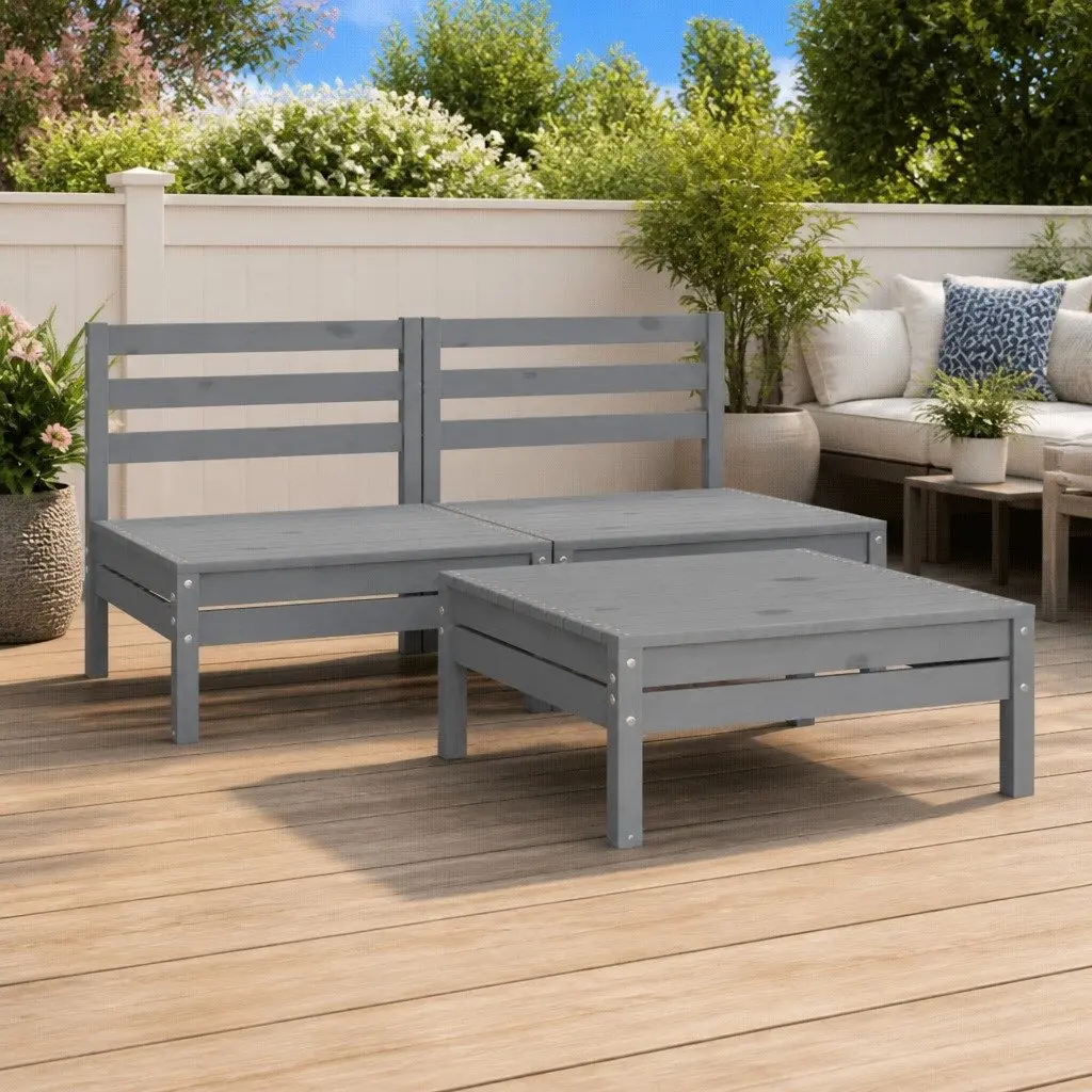 3 Piece Modular Garden Lounge Set Grey Solid Pinewood Outdoor Furniture