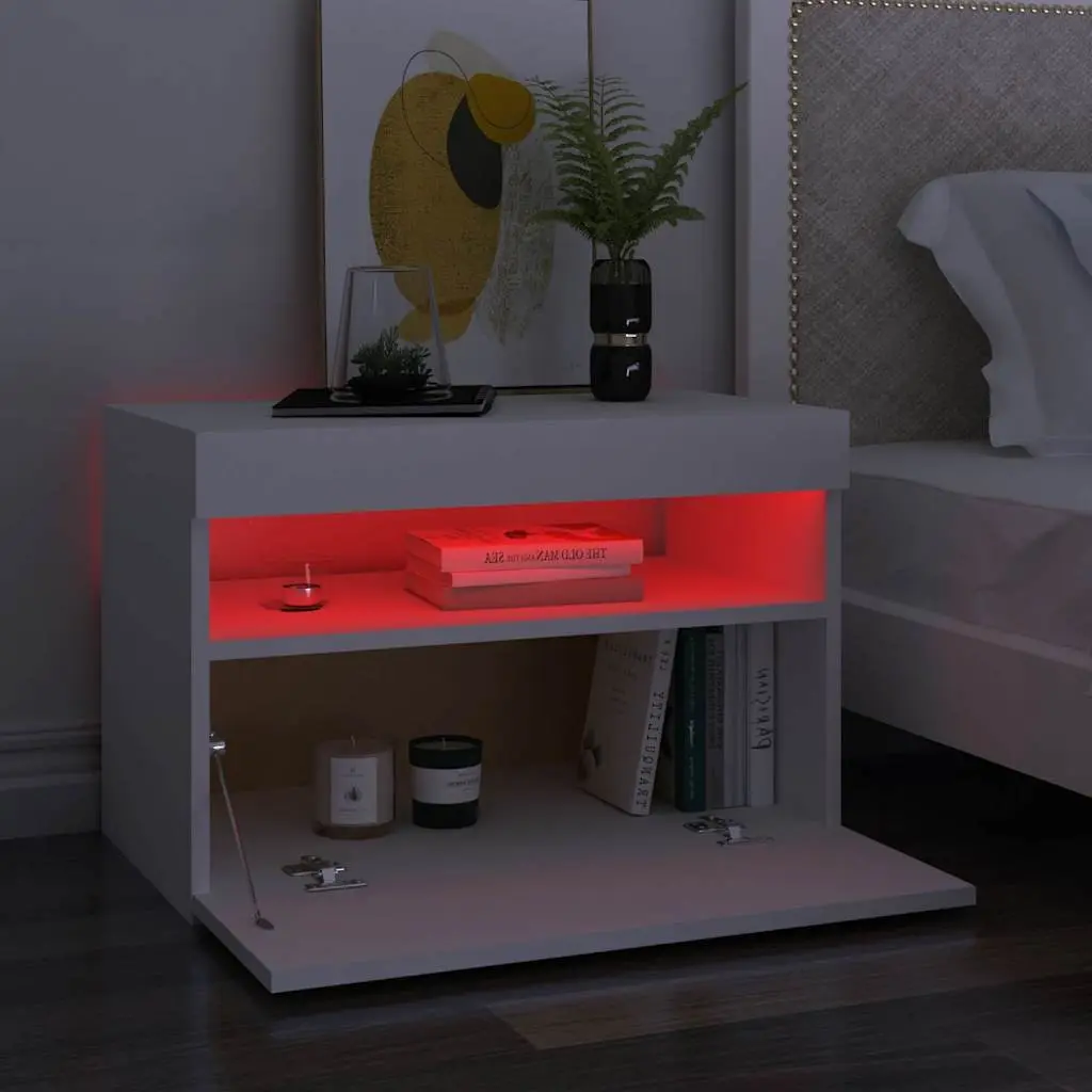 White Bedside Cabinet with RGB LED Lights Nightstand Side Table Storage