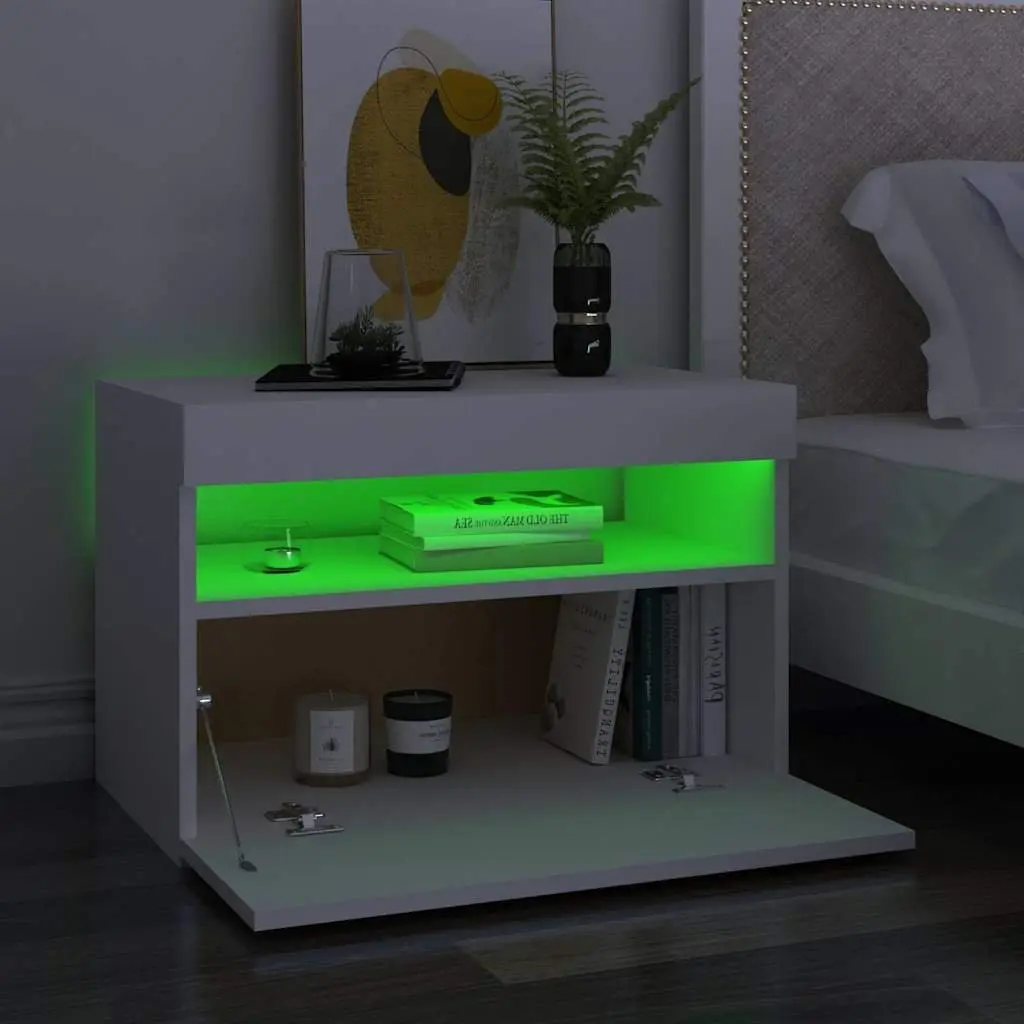 White Bedside Cabinet with RGB LED Lights Nightstand Side Table Storage