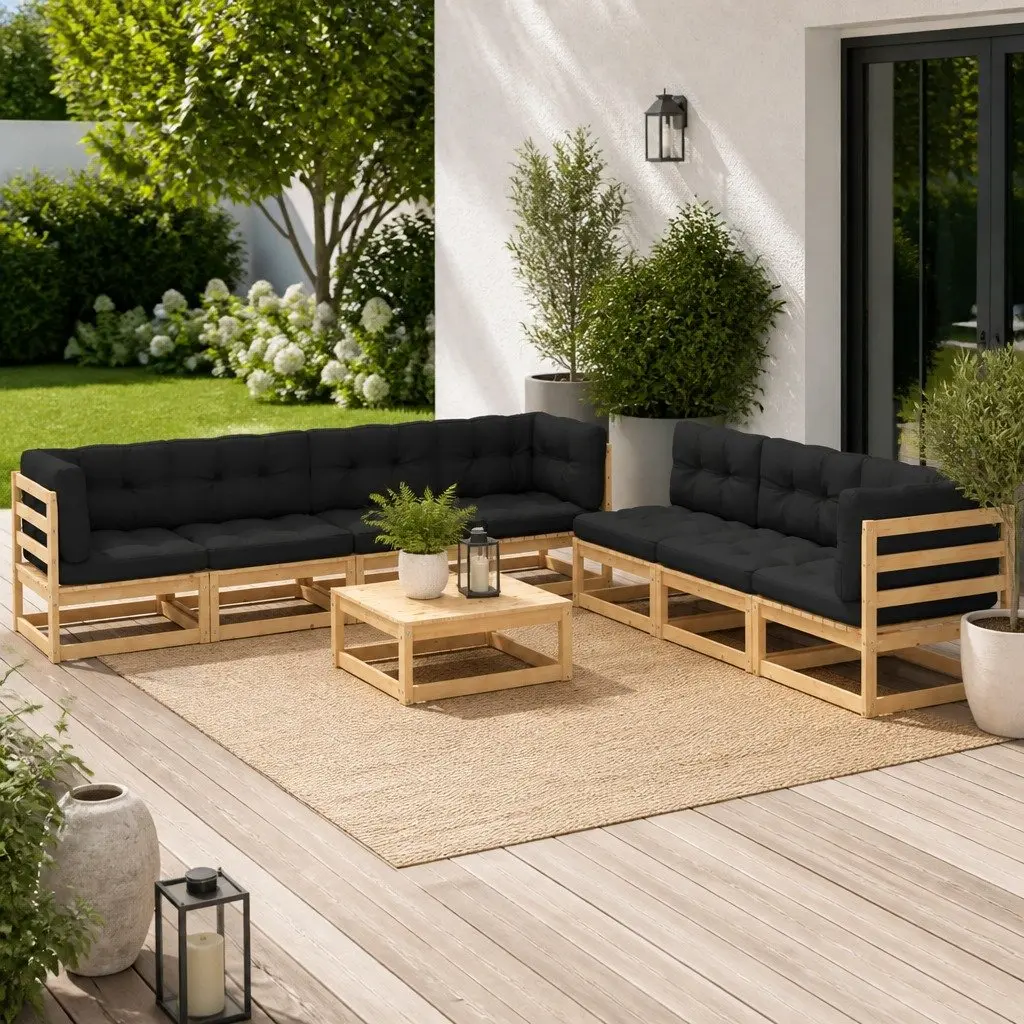 Garden Lounge Set Modular Pinewood 8 Piece Outdoor Furniture with Cushions