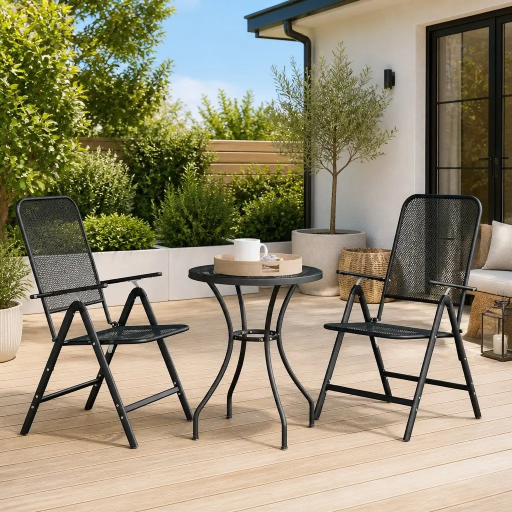 Outdoor Garden Set 3 Piece Anthracite Expanded Metal Mesh with Adjustable Backrest and Foldable Chairs